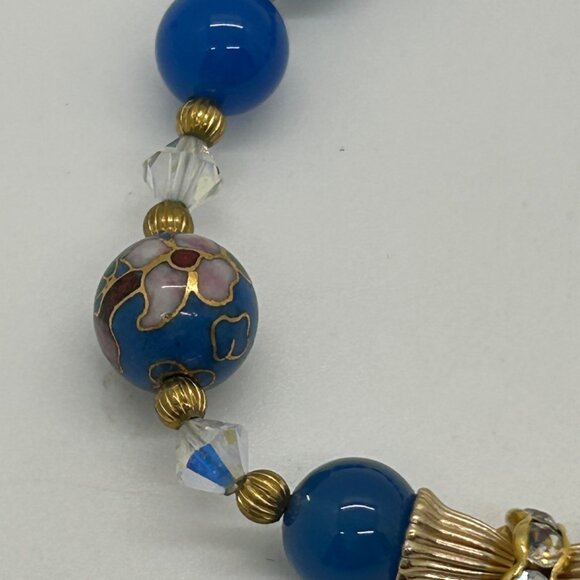 Cloisonné Floral Bracelet With Blue Glass Beads Gold-Tone Accents & Screw Clasp - Picture 5 of 14